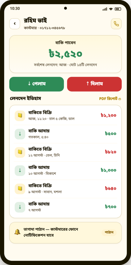 কাস্টমার লেজার — লেনদেন ইতিহাস ও পাওনা