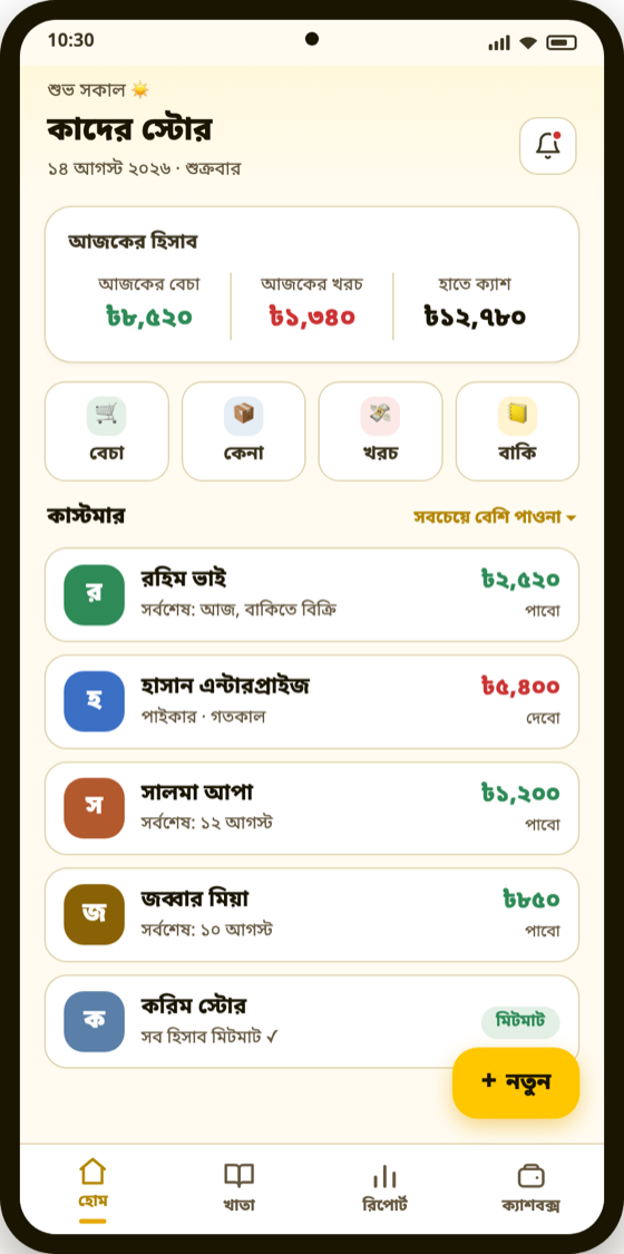 টংখাতা অ্যাপের হোম স্ক্রিন — আজকের হিসাব ও কাস্টমার তালিকা